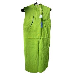 VTG Deadstock 60's Linen Mock neck Midi Dress Bright Green Tags Still Attached